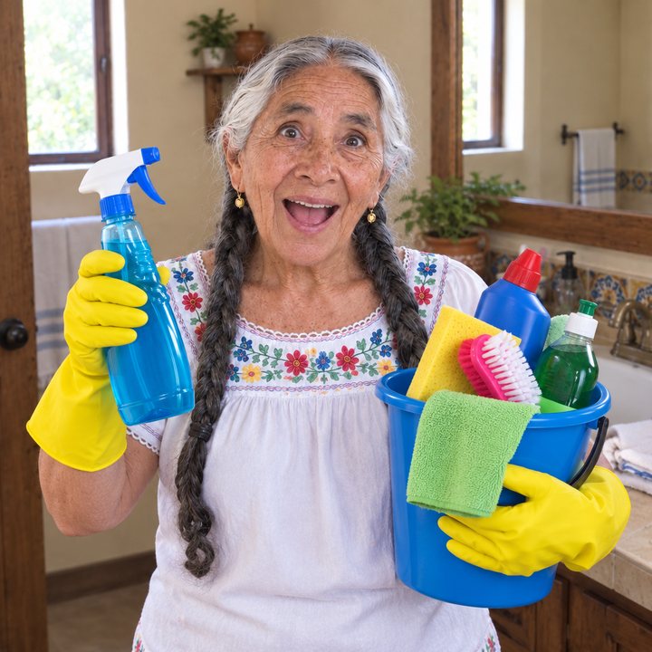 Doña Meche sonriendo con guantes amarillos, un atomizador y una cubeta con productos de limpieza